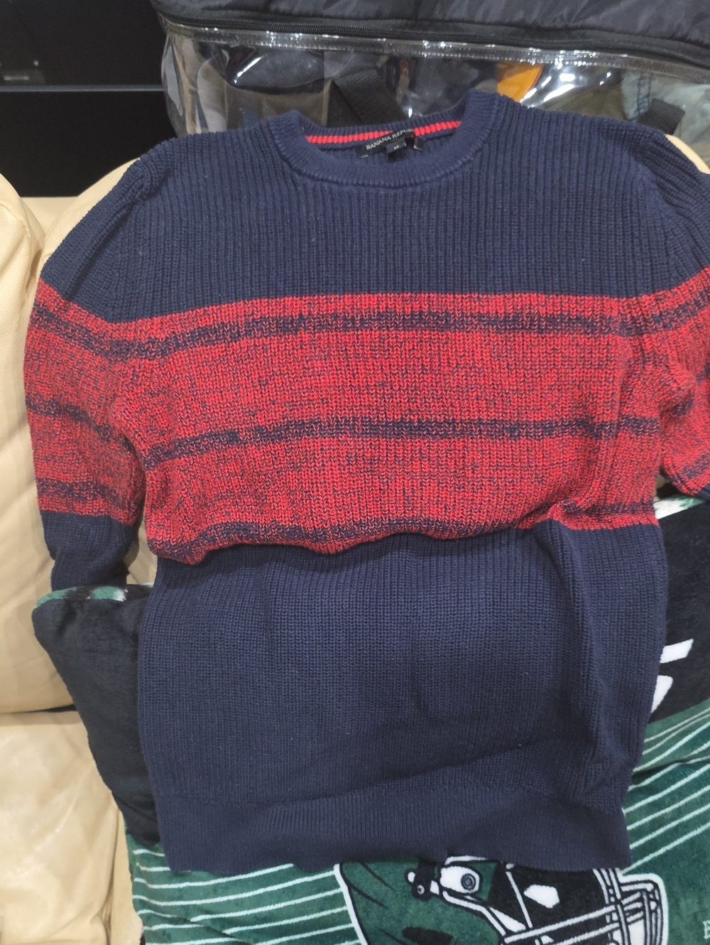 Banana Republic Navy and Red Striped Crewneck Sweater